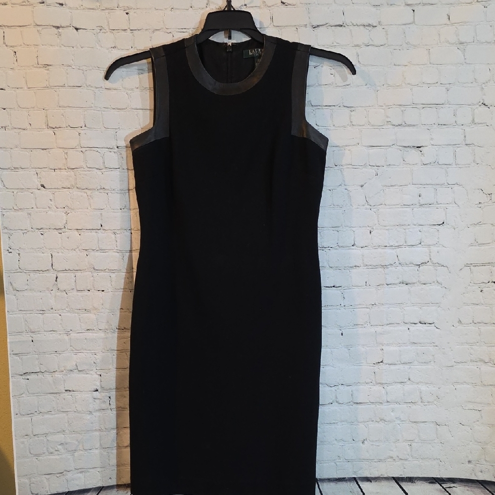 Lauren Ralph Lauren Black and 100% Leather Trim Midi Dress‎